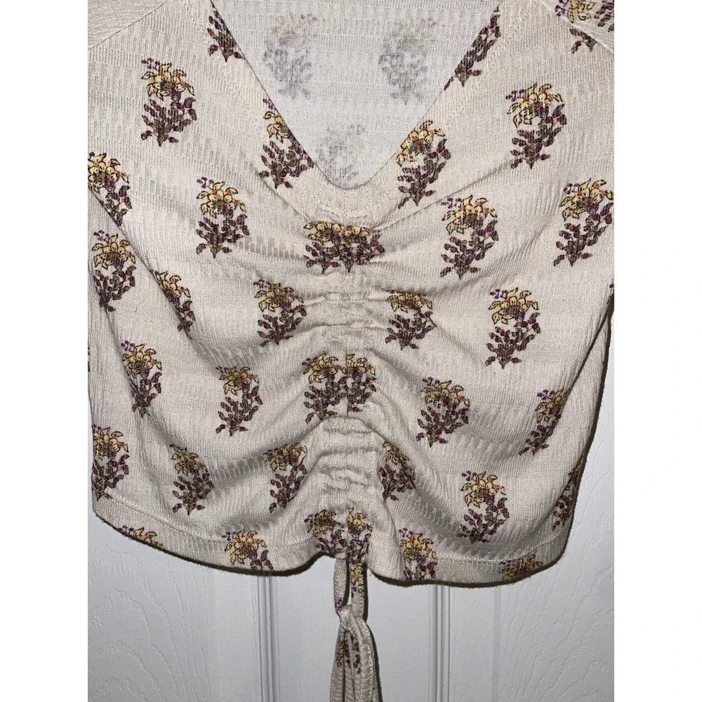 Anthropologie Sabrina Ivory Cinched Ditsy Floral V-neck Knit Shirt Small Boho